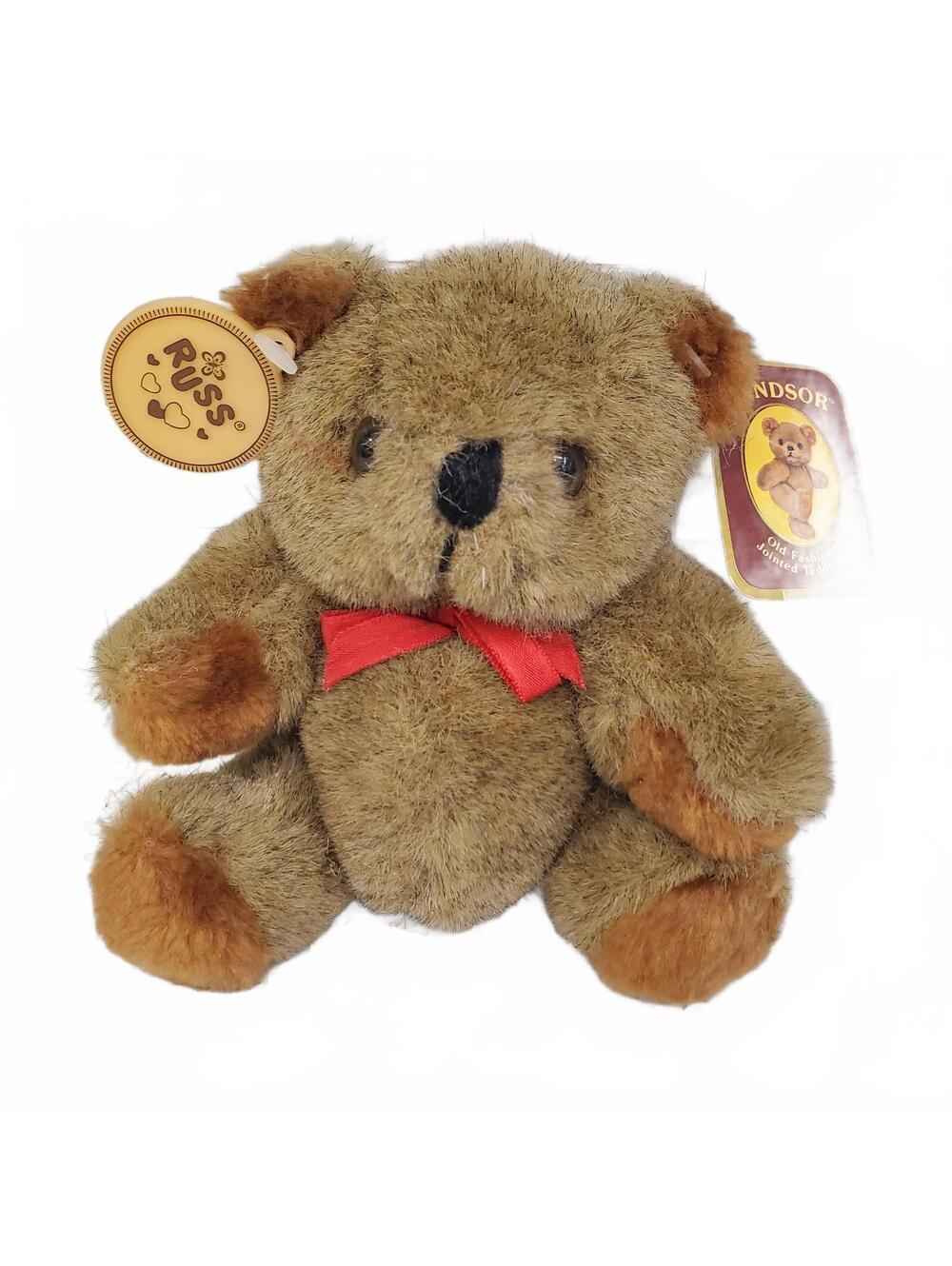 Vintage Russ Windsor brown teddy bear plush with red bow 6"